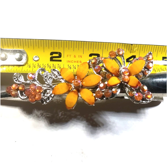 Hair Barrette Clip Large Silver Tone Orange Butterfly Flower Rhinestone - Picture 6 of 8